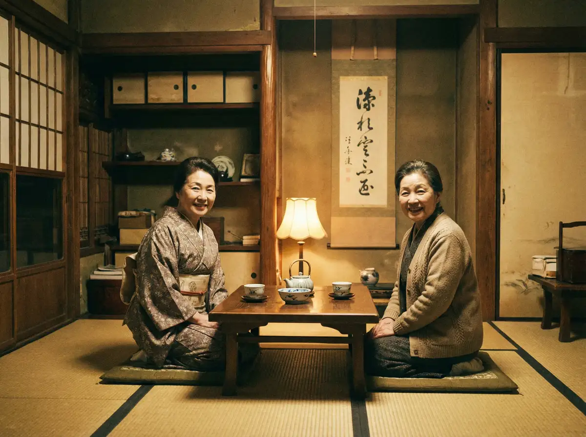两位优雅的 球速体育 在日式茶室中品茶交谈